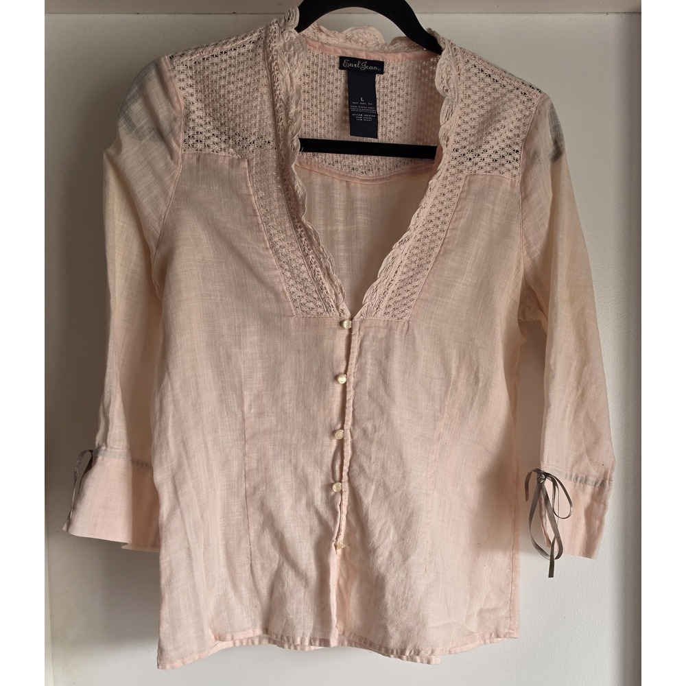 VTG Earl Jean Women's Soft Pink Cotton 3/4 Sleeve Blouse L Lace Bow Romantic